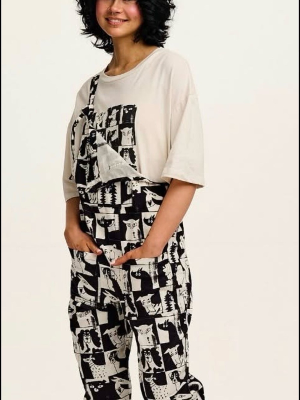 Lucy & Yak Black and Cream Graphic Cat Print Overalls - Picture 2 of 4